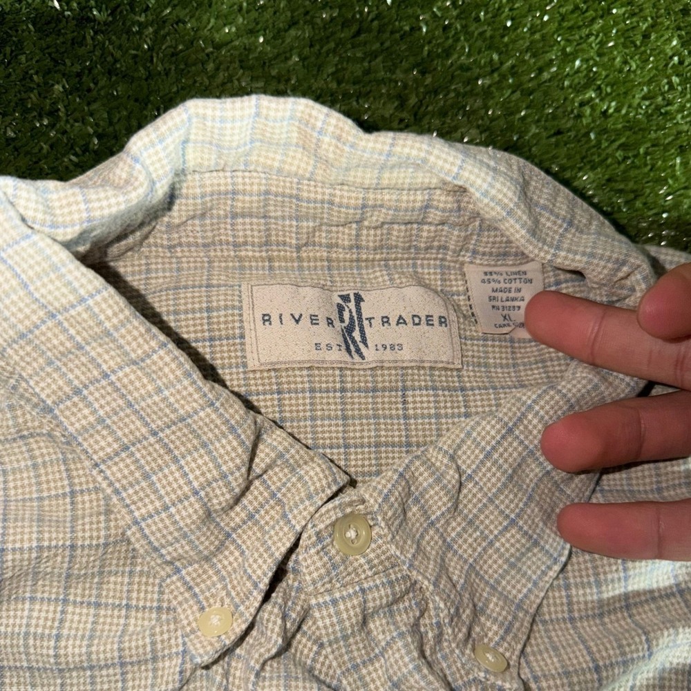 River Trader Mens XL Linen Blend Plaid Short Sleeve Button Down Shirt Beige Blue - Picture 3 of 5